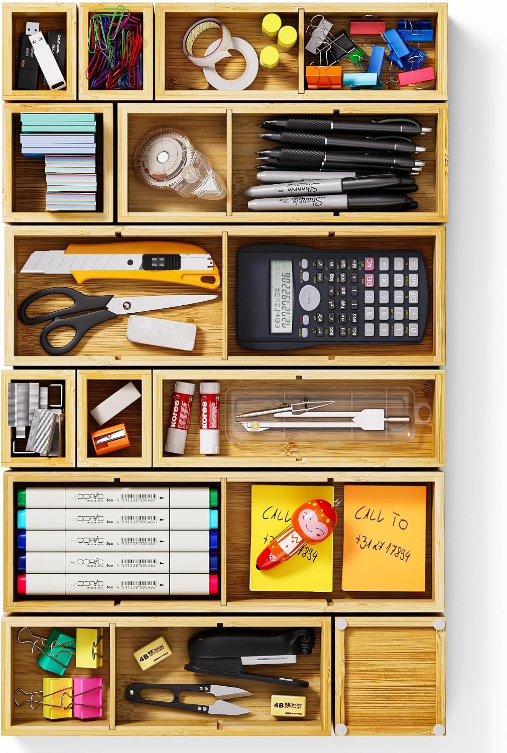 Bamboo Drawer Organiser Set, 12 Pieces, 24 Compartments