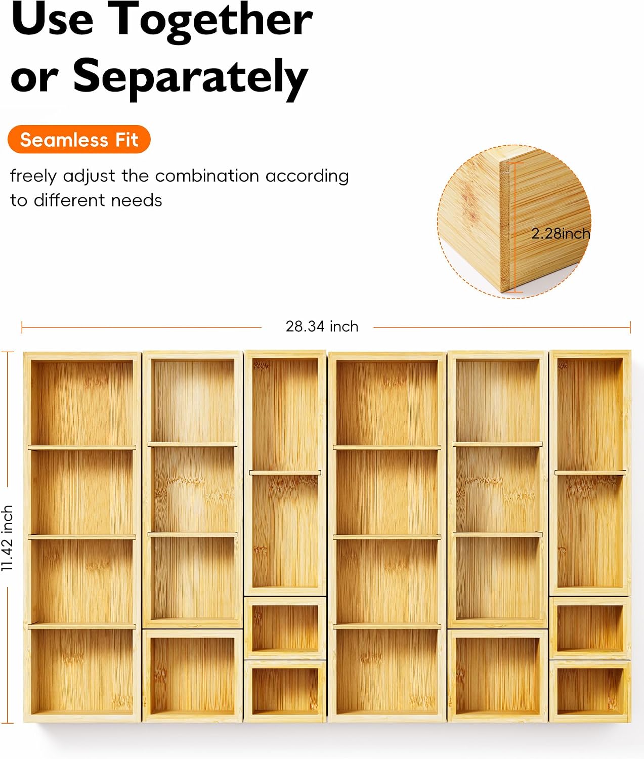 Bamboo Drawer Organiser Set, 12 Pieces, 24 Compartments