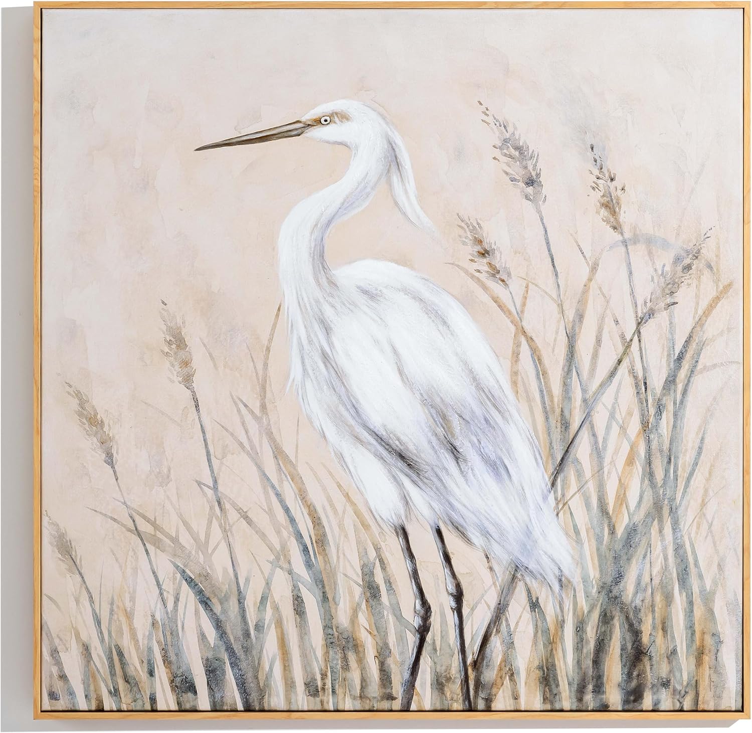 Framed Textured Canvas Wall Art, 24 x 24 inch, Neutral Egret Painting
