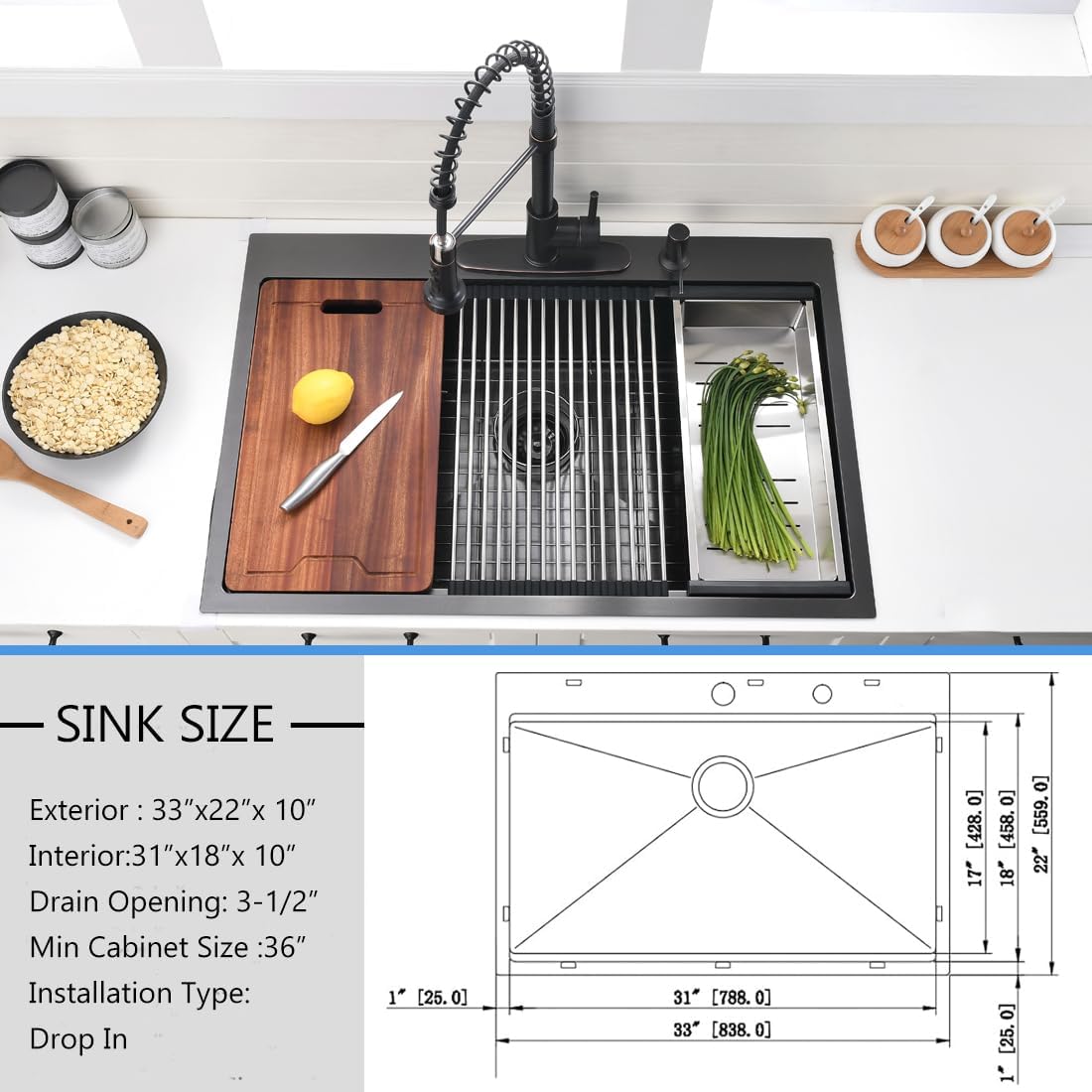 Top-Mount Stainless Steel Kitchen Sink, 33 x 22 inch, Single Bowl